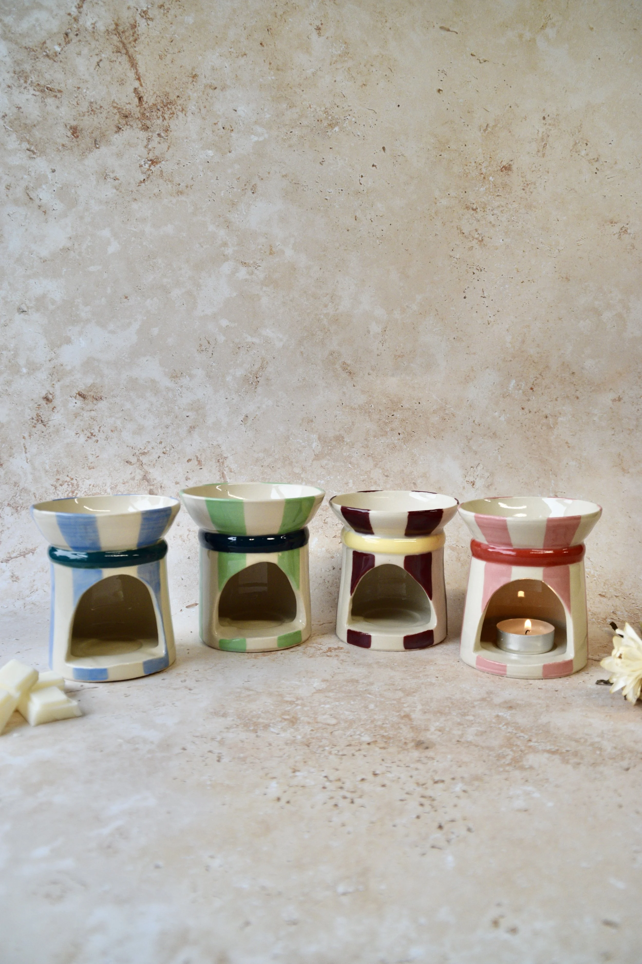 Handmade striped ceramic wax burners in different colourways