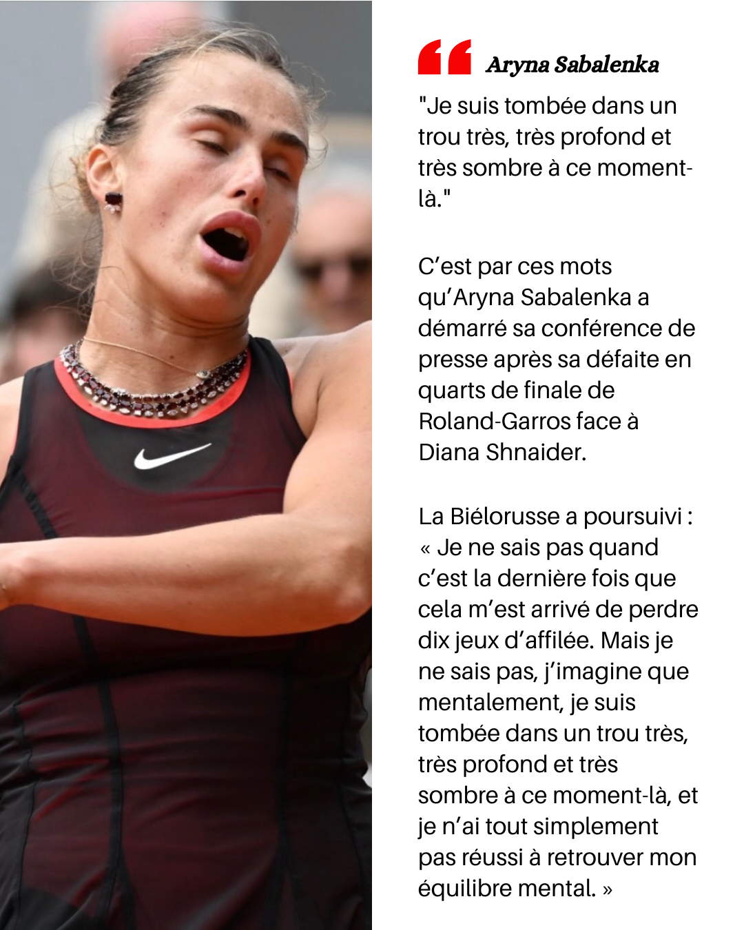 Aryna Sabalenka, numéro un mondial de tennis en train de s'agacer à Roland-Garros 2026 avec un visage expressif de frustration
