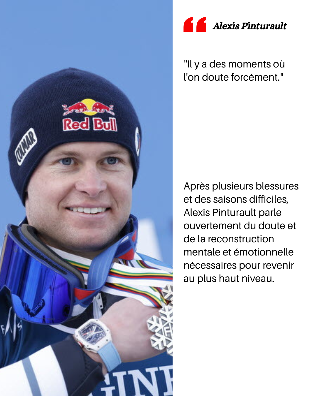 Photo d'Alexis Pinturault en tenue de ski avec un bonnet Red Bull, portant une médaille olympique, souriant.