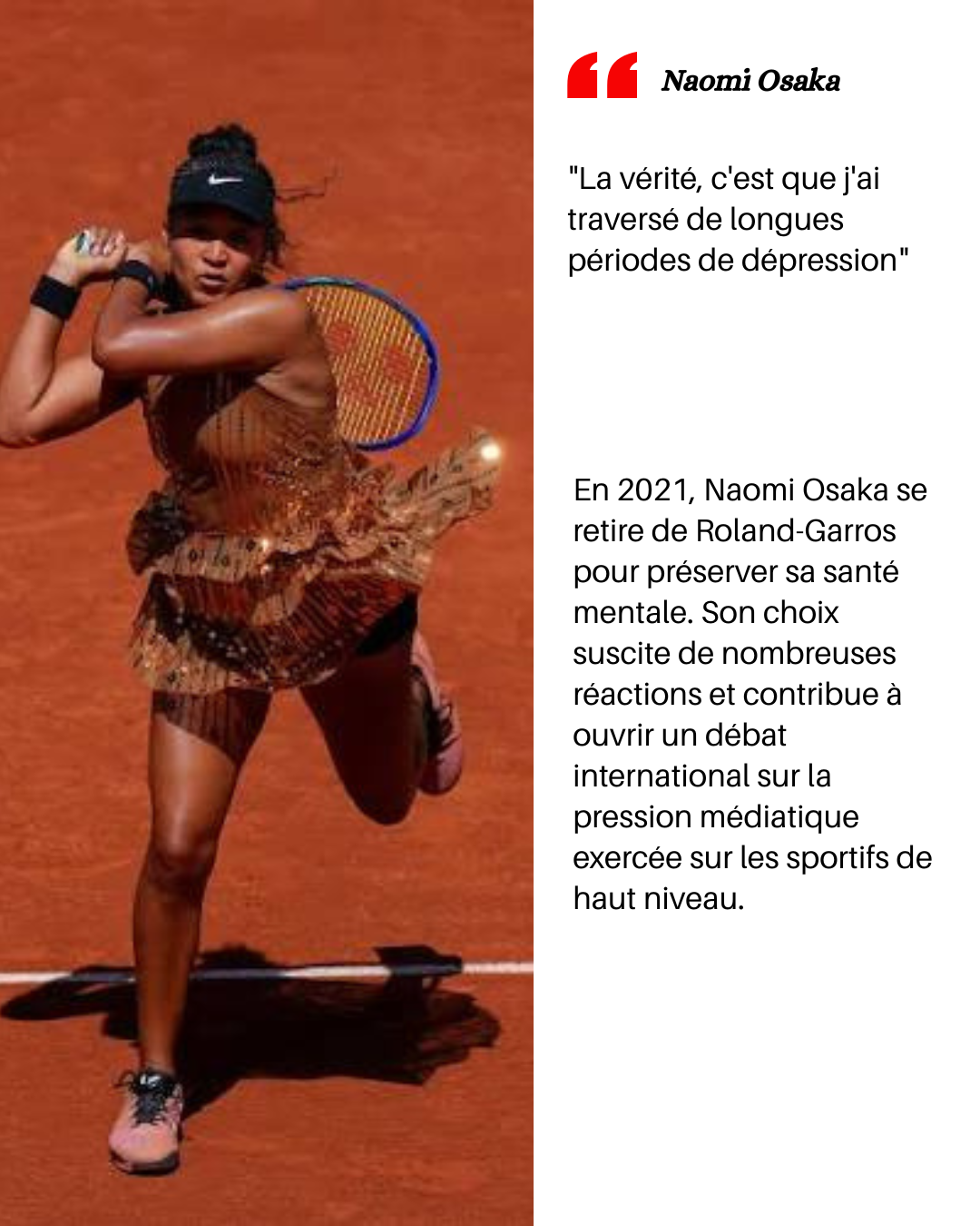 Naomi Osaka jouant au tennis sur un court en terre battue à Roland-Garros.