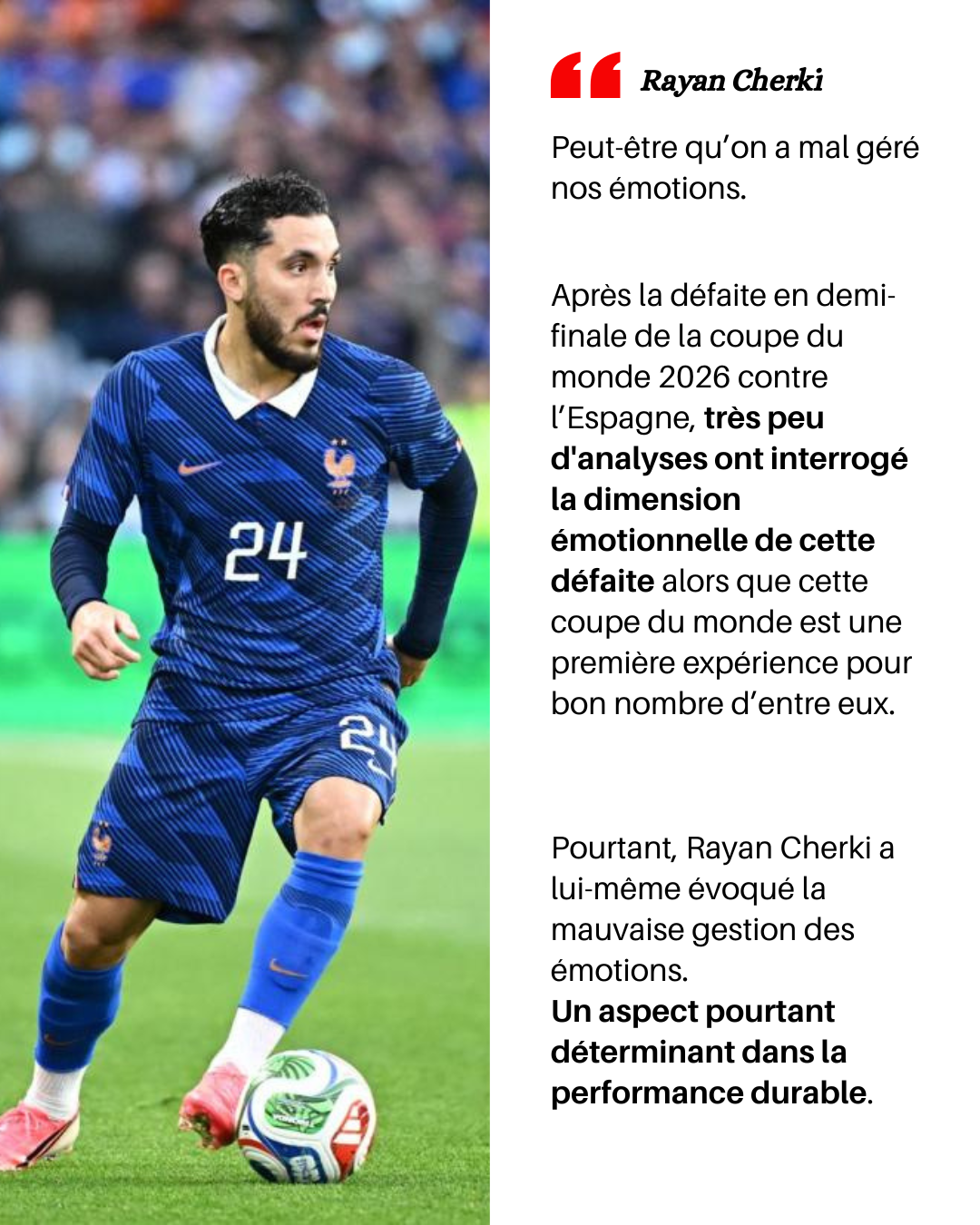 Rayan Cherki, portant le numéro 24 lors du match France-Espagne en coupe du monde de football 2026.