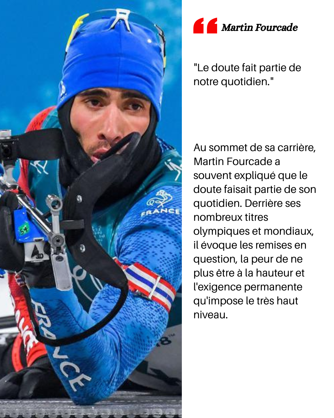 Portrait de Martin Fourcade en tenue de sport avec une casquette bleue, en position de repos lors d'une compétition de biathlon.