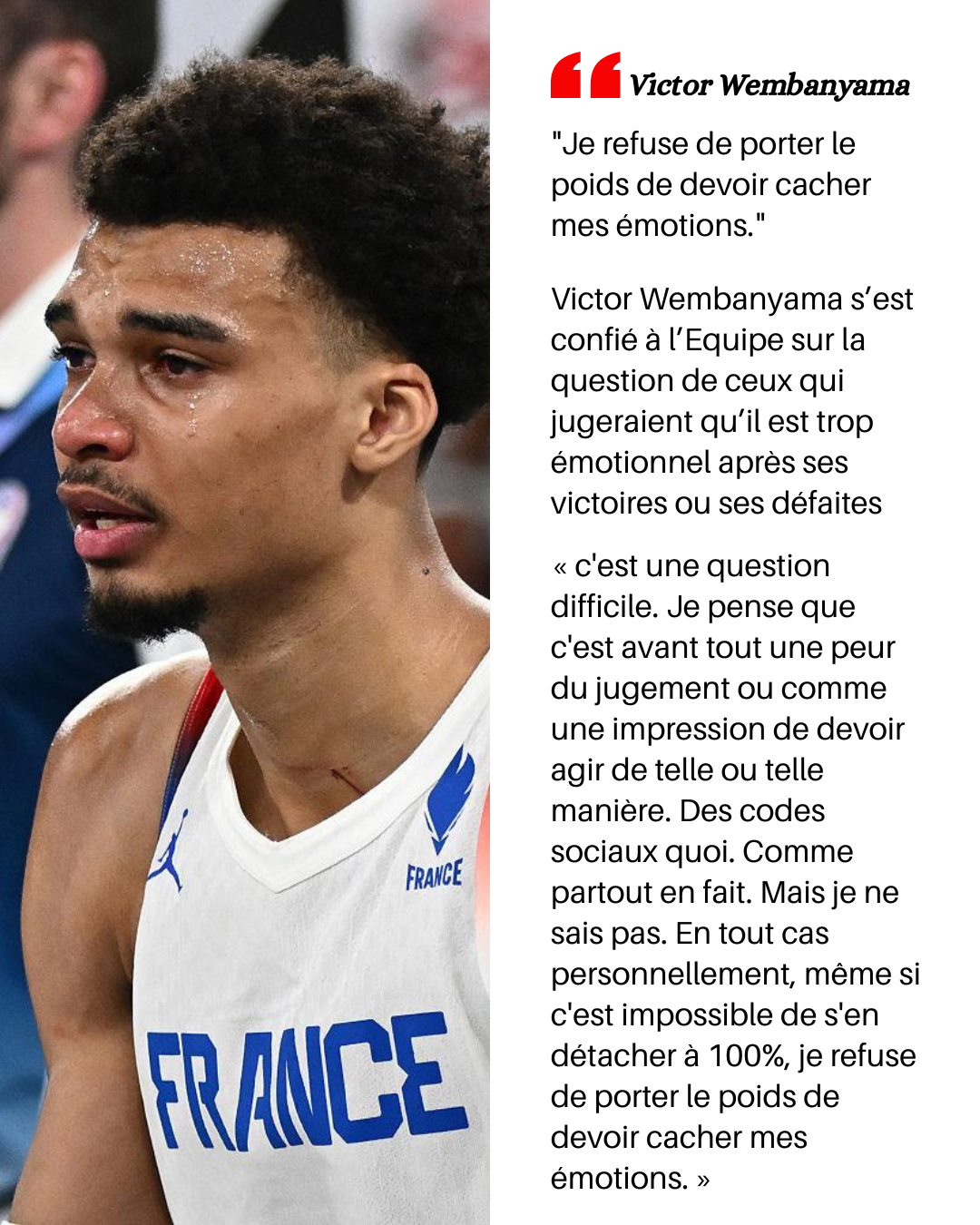 Victor Wembanyama, basketteur en équipe de France qui pleure après un match.