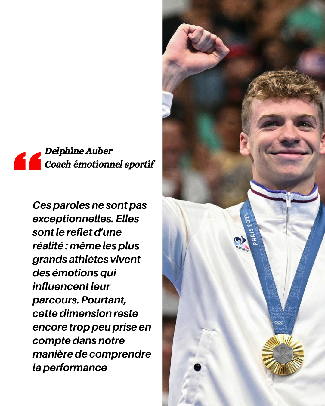 Portrait de Léon Marchand portant une médaille d'or lors des Jeux Olympiques Paris 2024