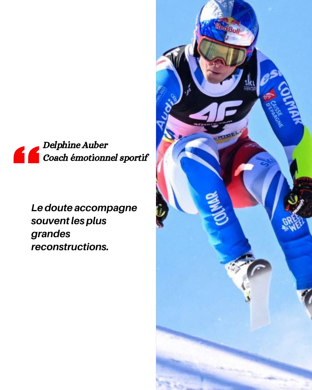 Alexis Pinturault portant un équipement de compétition, avec un casque et des lunettes, sur la neige, vêtu d'une combinaison aux couleurs bleues, blanches et rouges.