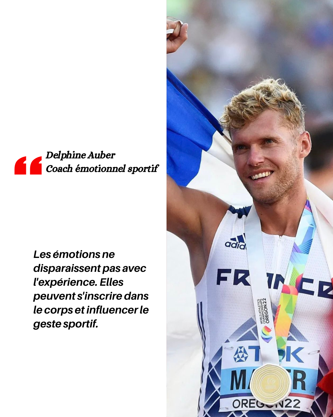 Kevin Mayer souriant portant une médaille d'or autour du cou, tenant également un drapeau français.