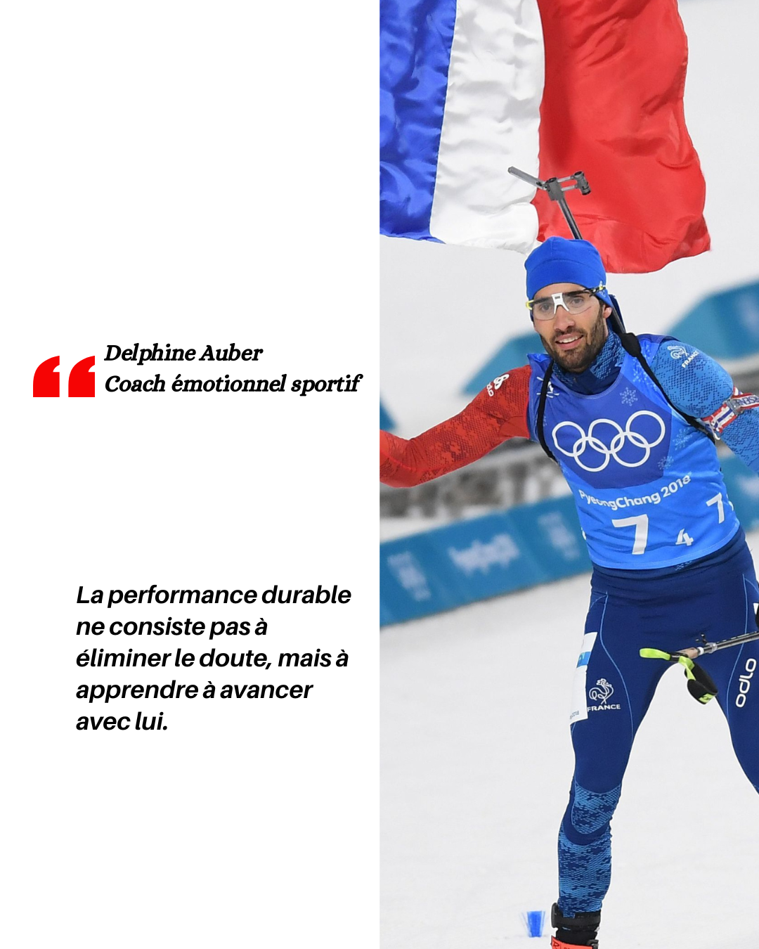 Un homme en tenue de ski olympique, portant un bonnet bleu, avec un drapeau français derrière lui, célébrant une victoire à Pékin 2018.