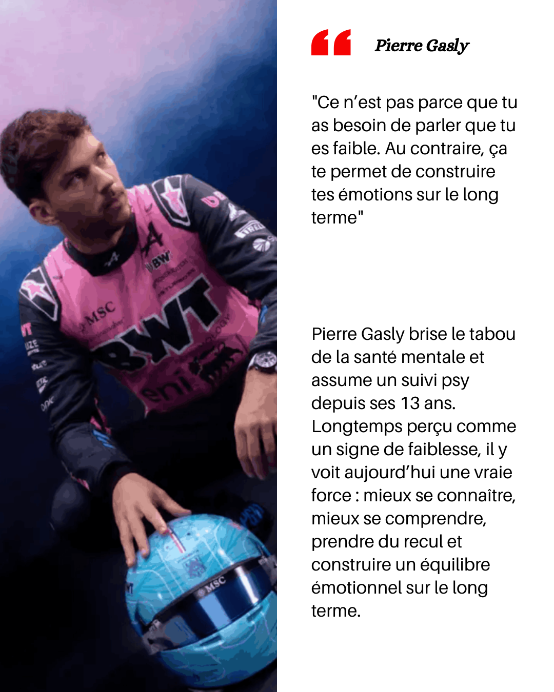 Photo de Pierre Gasly en tenue de course, tenant un casque de moto sur une table avec un fond coloré.