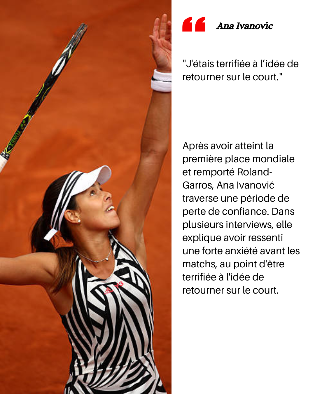 Une joueuse de tennis, Ana Ivanović, en tenue rayée noir et blanc, lève sa main en l'air avec un regard concentré. Elle porte une casquette blanche avec des rayures noirs.