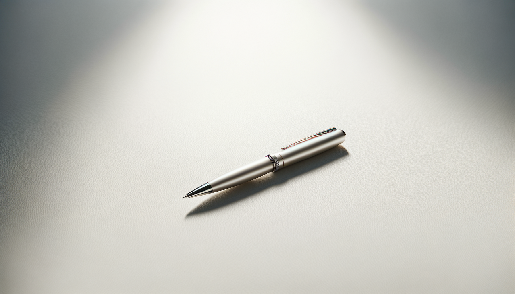 Silver ballpoint pen lying on a light-colored surface with soft shadow.