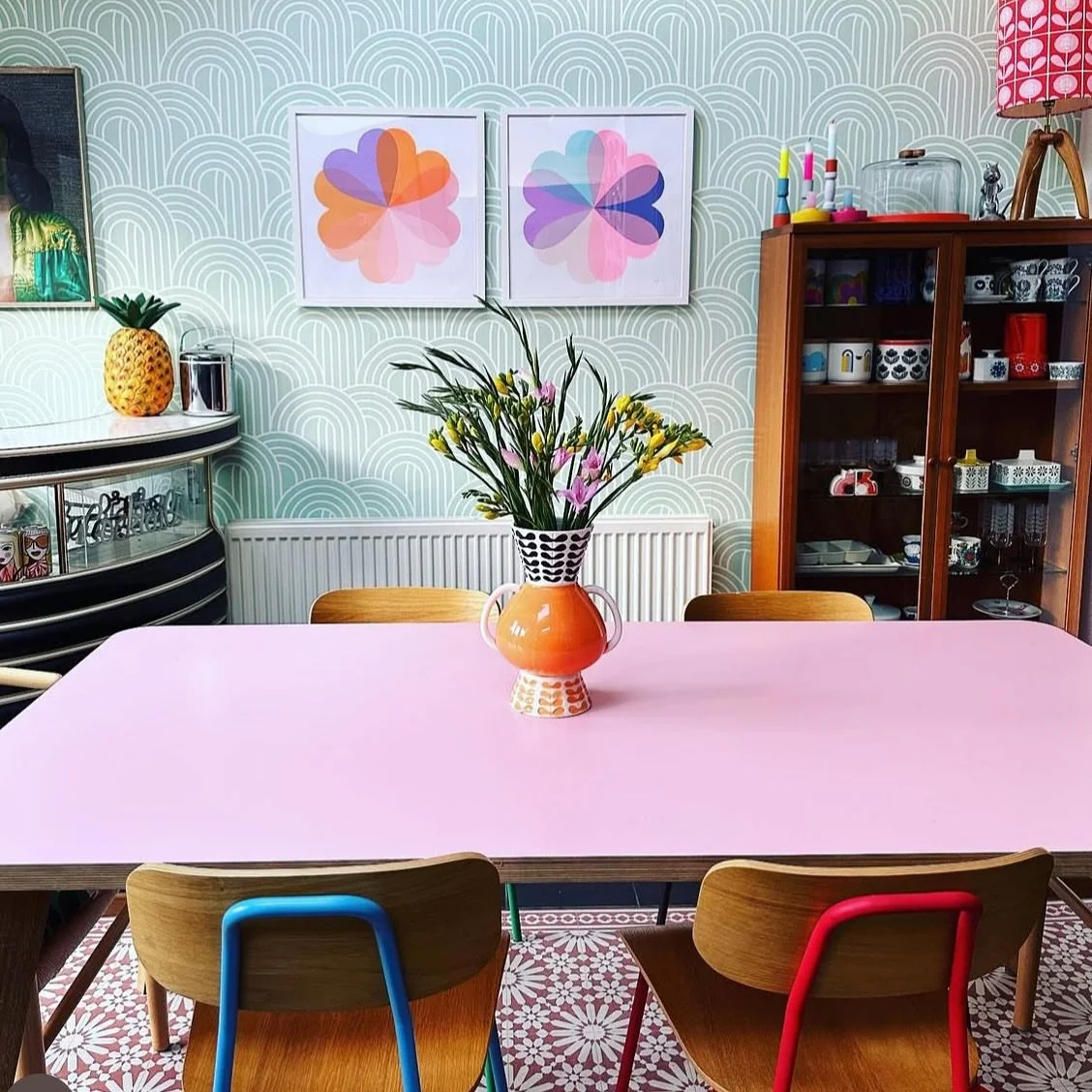 Love this room so much! Colour, Pattern, Pineapple ice bucket, Pink Formica table (one of my many favourite dooms scroll hunts on Facebook Marketplace) 📷 clash_of_the_patterns 💜