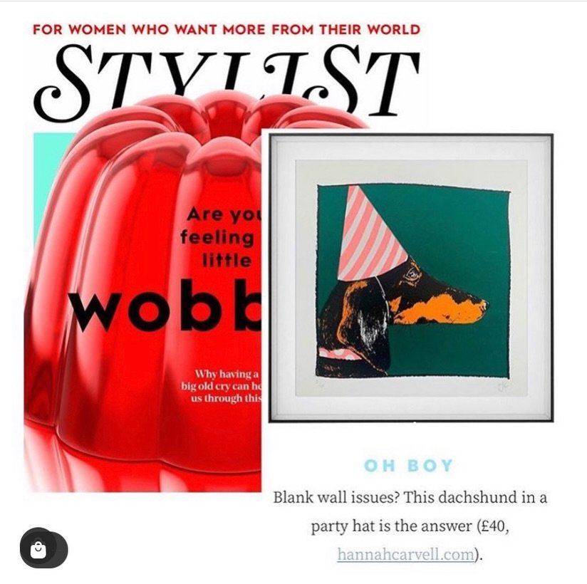 #TBT to my Party Sausage screen print appearing in @stylistmagazine and now it&rsquo;s been licensed by @mgml_uk to be made into cards!! Exciting, hoping I&rsquo;ll one day see it in a Gallery Gift Shop in the wild. Let me know if you spot one. #saus