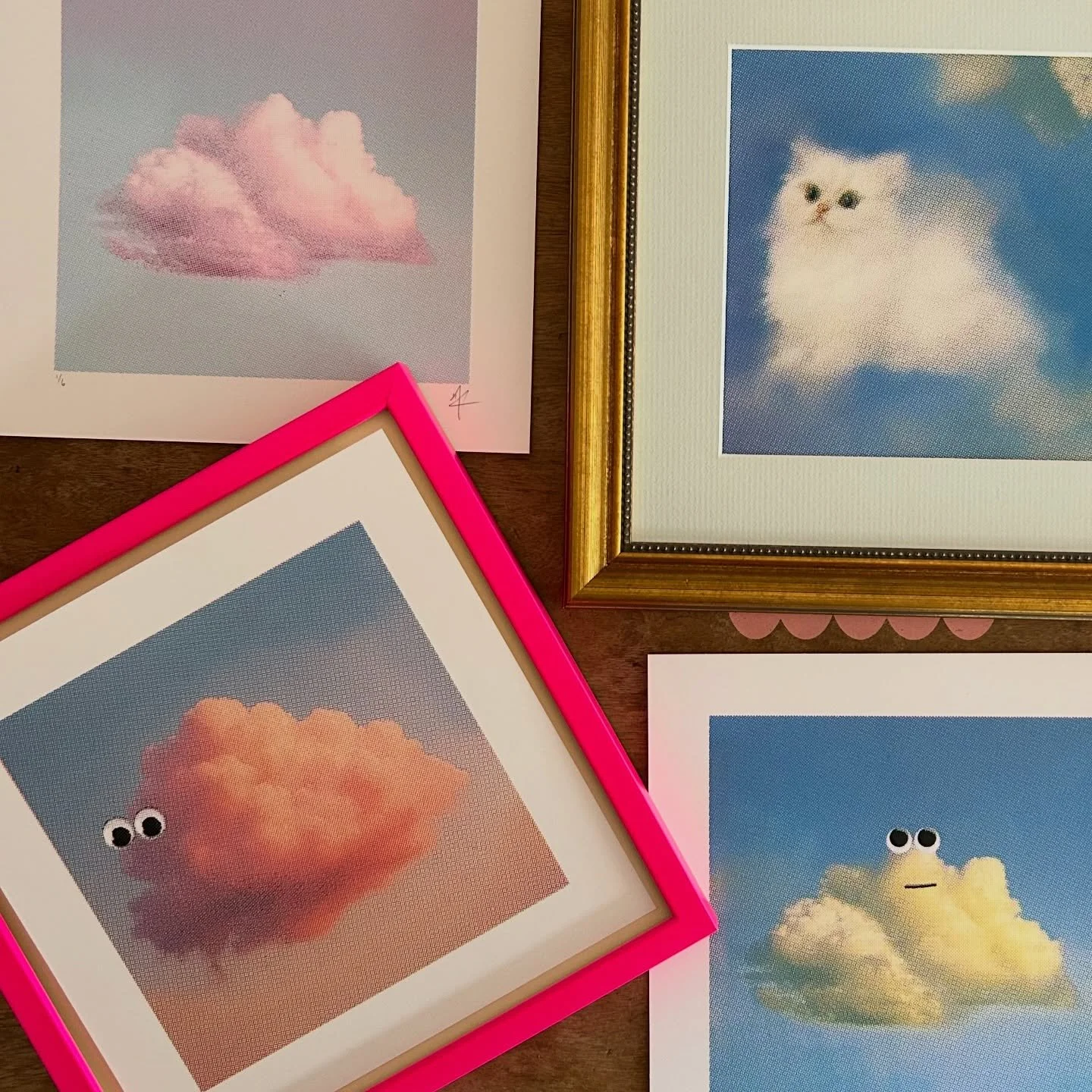 Silly Clouds on Sunny Days ☀️☁️🩵 Mini prints hand printed in CMYK #screenprinter #hannahcarvell #limitededition #sunshineonarainyday