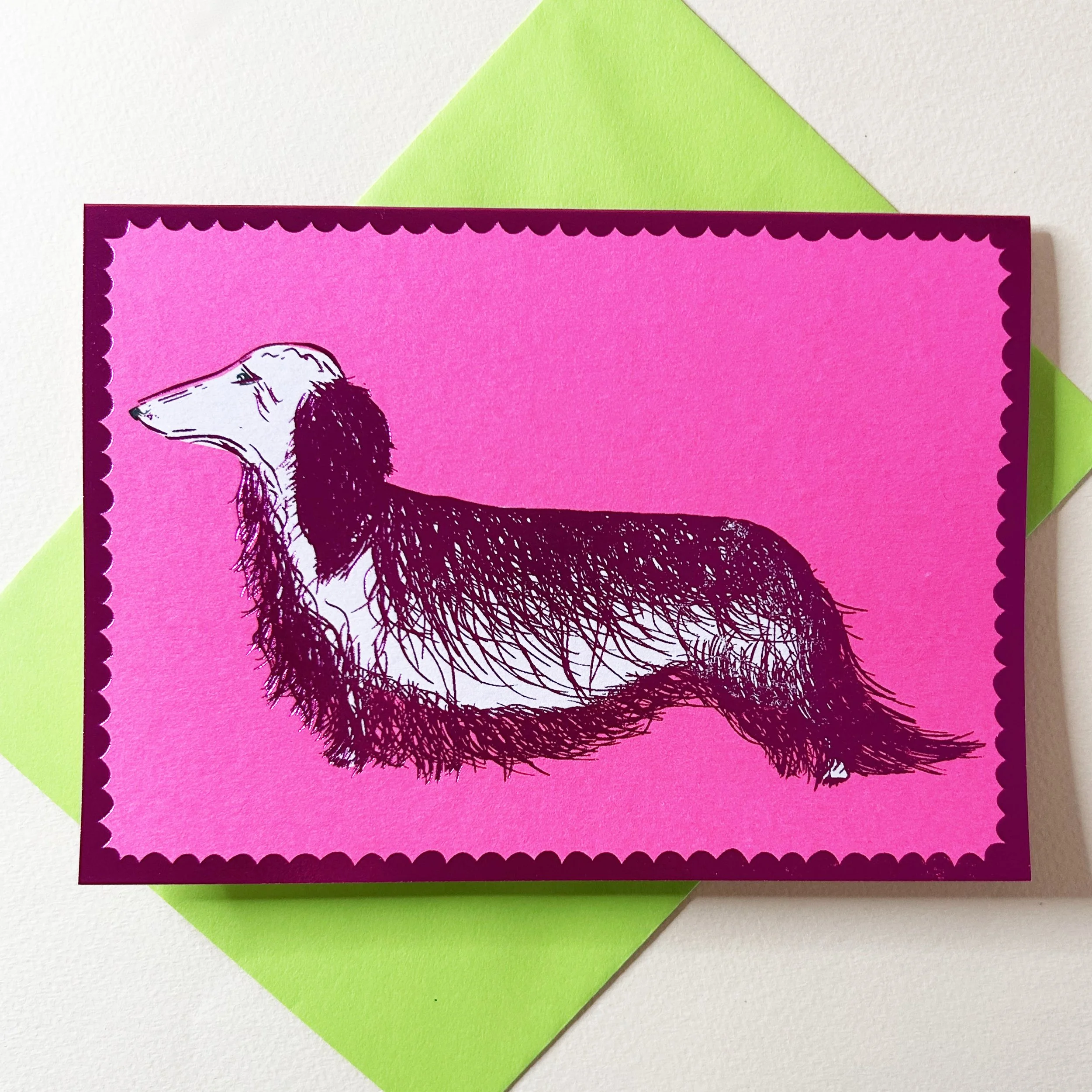Pink Long Haired Dachshund | Foiled Card