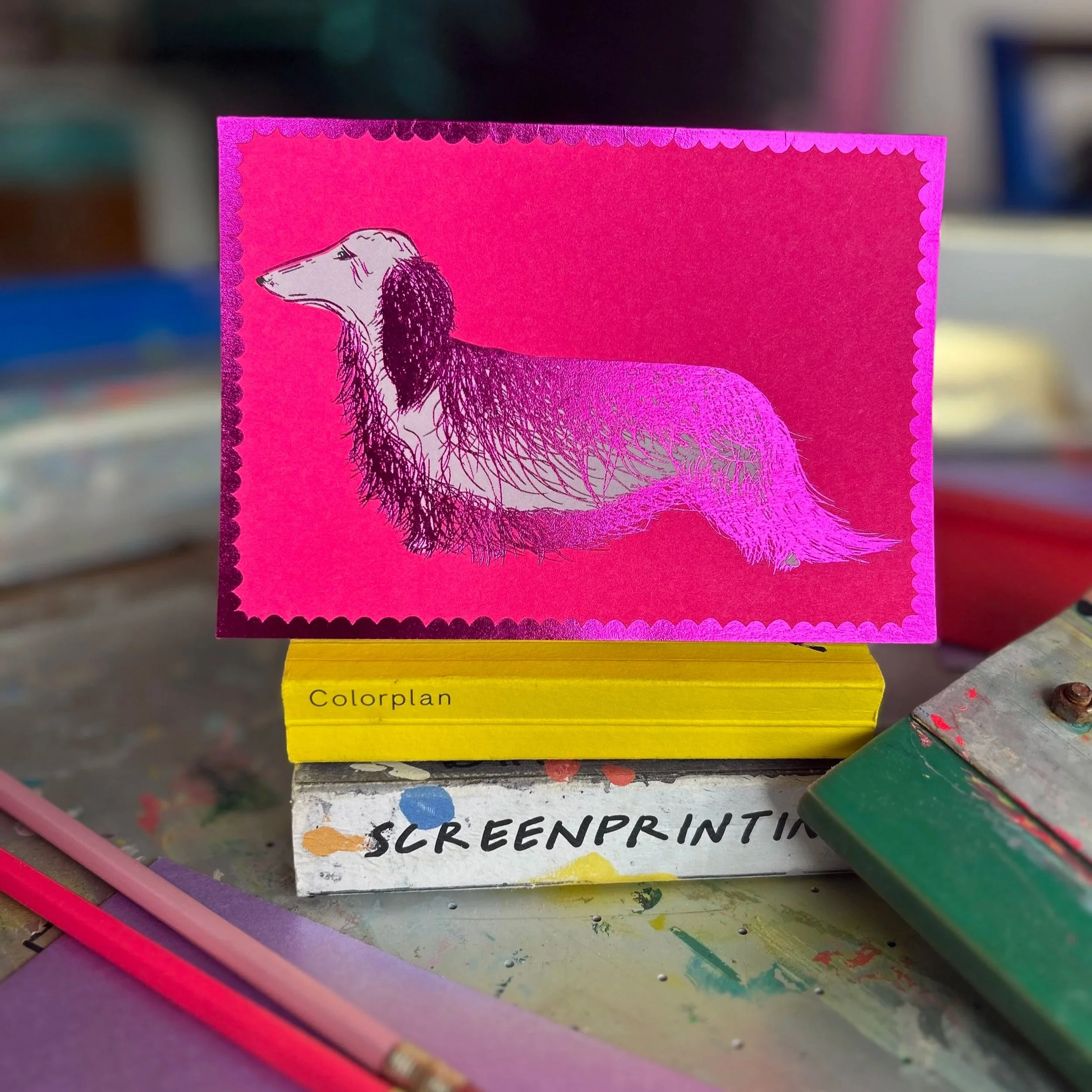 Pink Long Haired Dachshund | Foiled Card