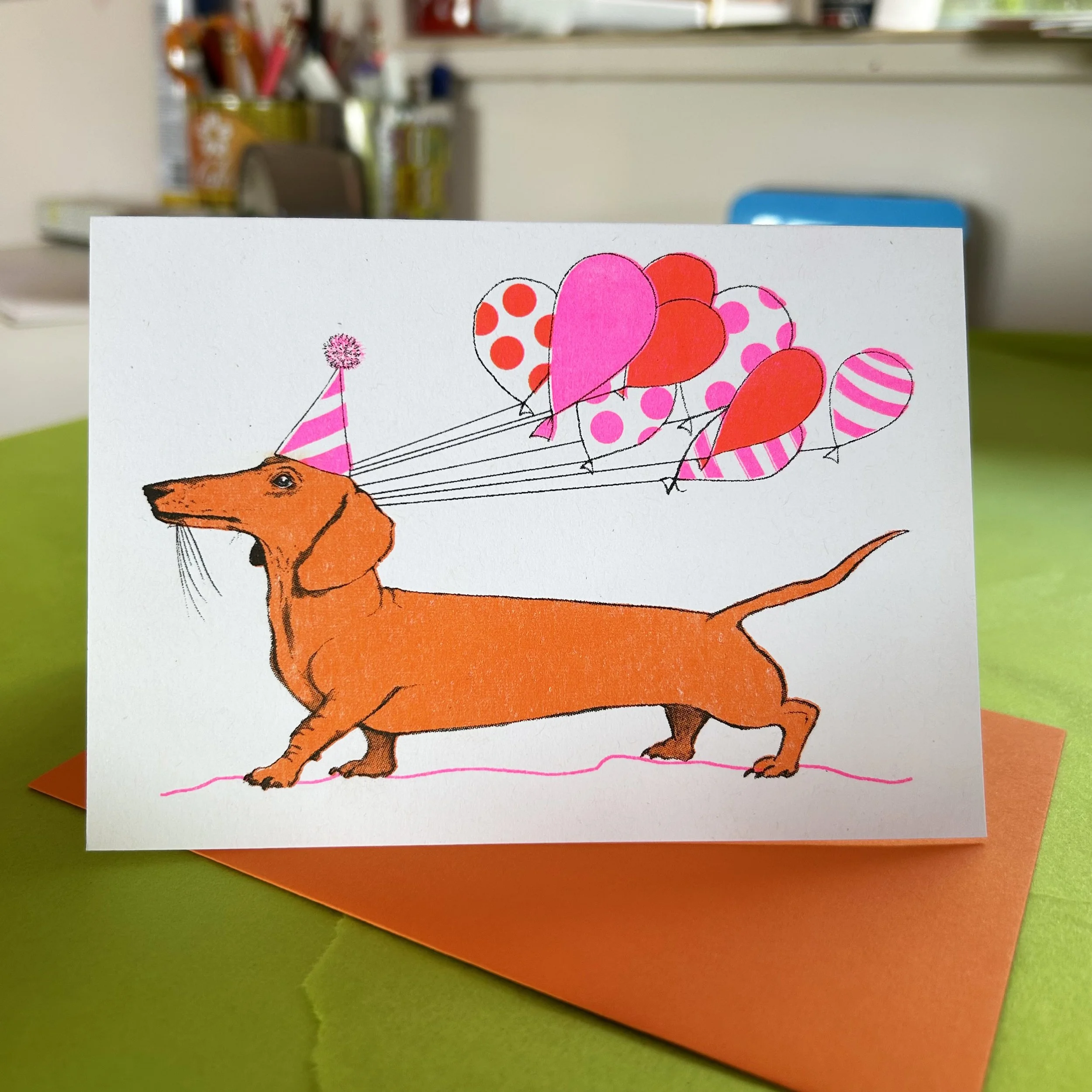 Party Sausage Dog Card | Riso Print