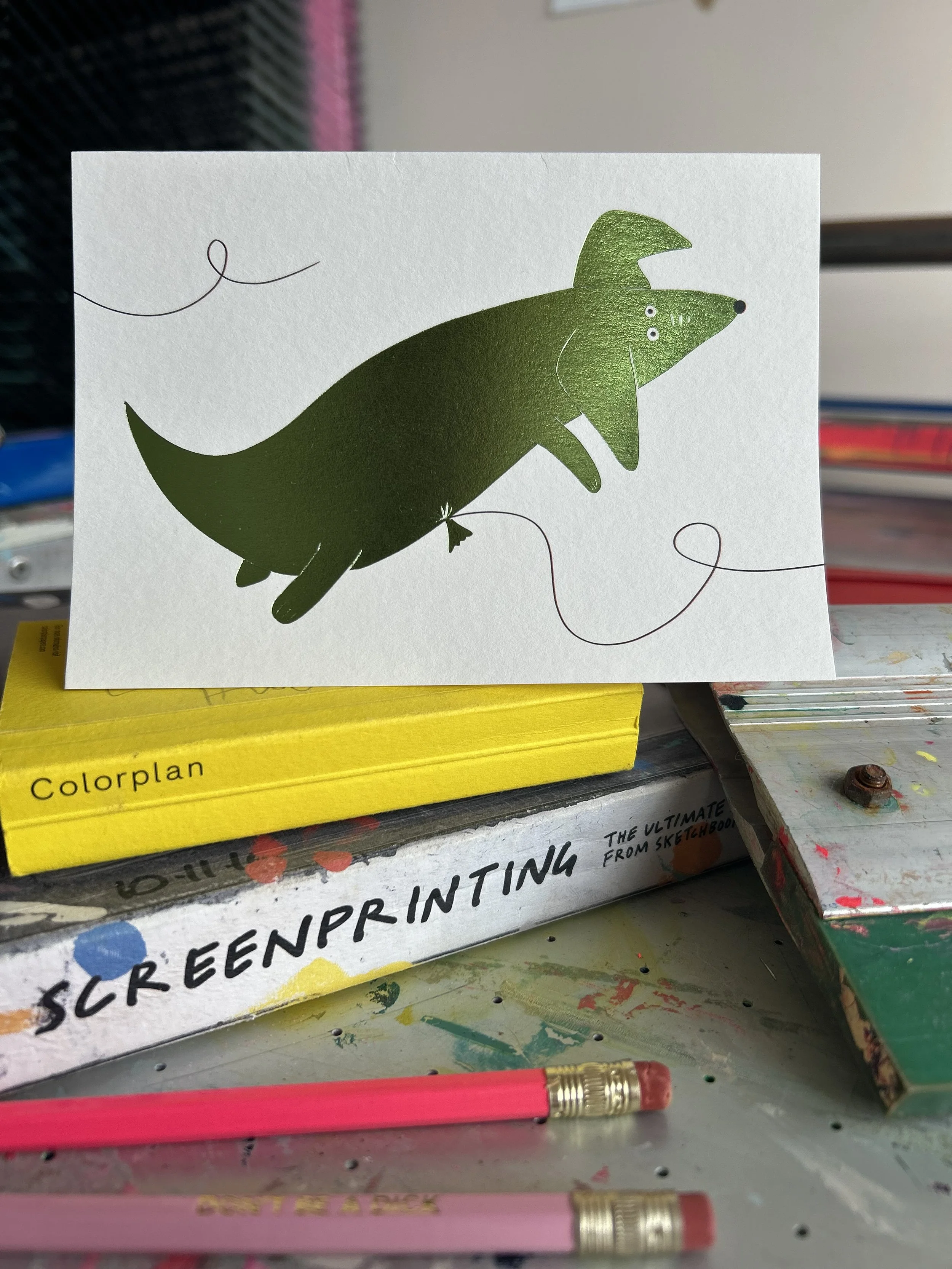 Green Helium Ballon Dog | Greetings Card