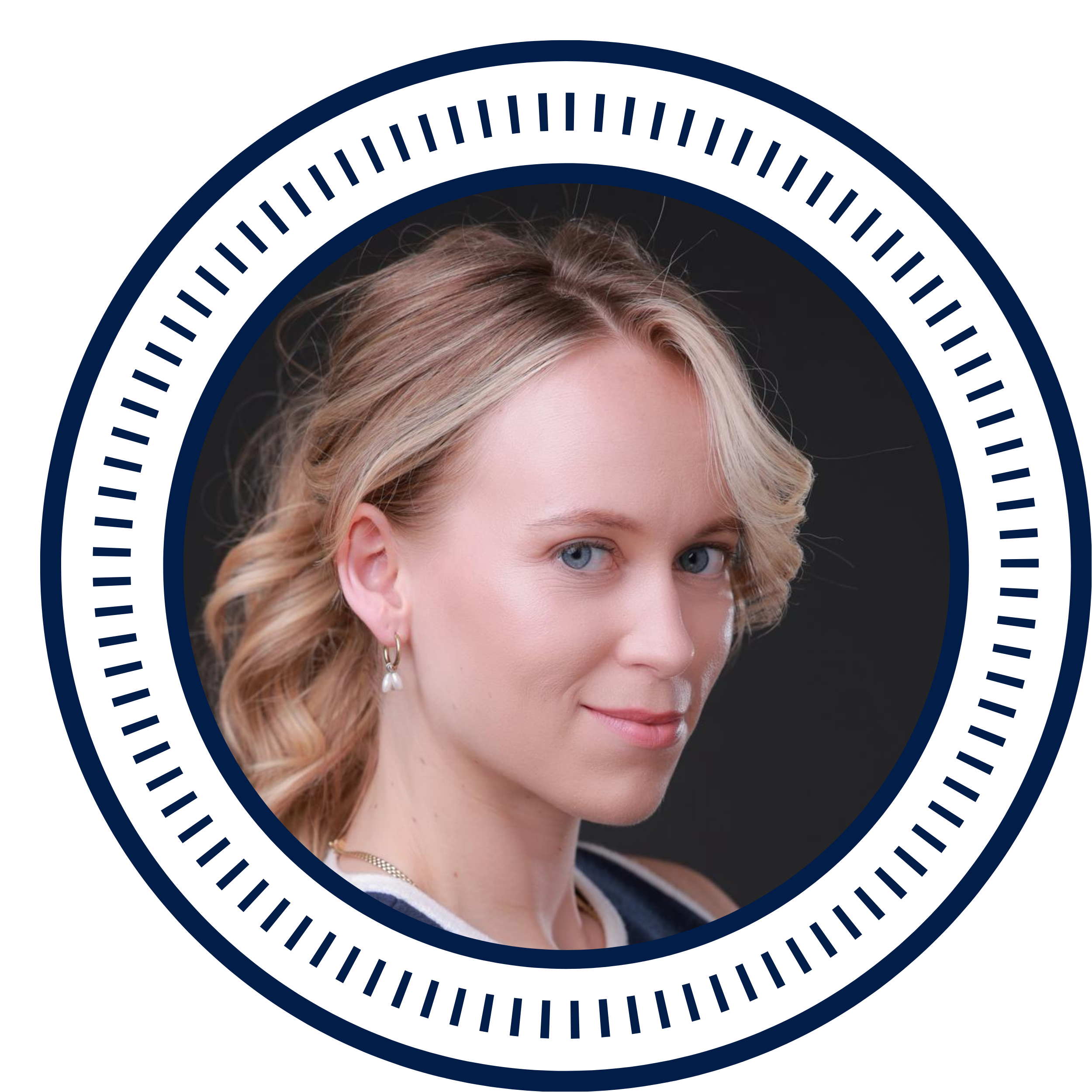 Young woman with blonde hair styled in soft waves, wearing earrings and a subtle smile, against a dark background, framed by a circular graphic design.
