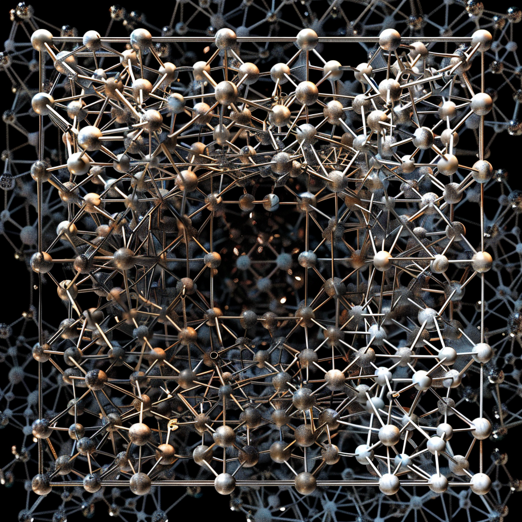 Close-up of a complex metallic molecular structure with interconnected atoms and bonds, resembling a scientific model.