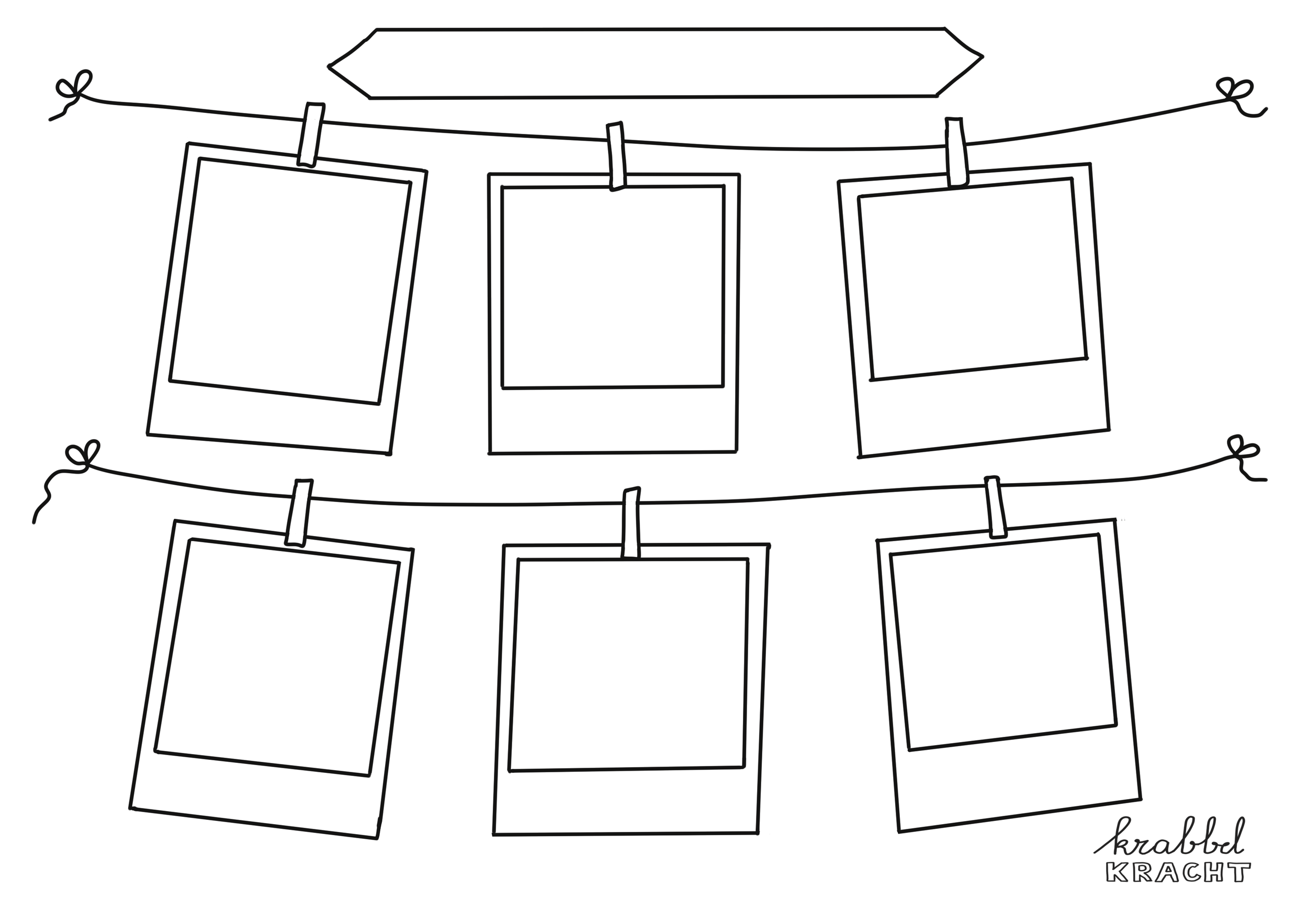 A black and white line drawing of six empty instant photo frames hanging on two horizontal clotheslines, secured with clothespins. The top clothesline has three frames, and the bottom has three, all facing different angles. There is a blank banner above the top line and a signature reading 'krabbel KRACHT' in the lower right corner.