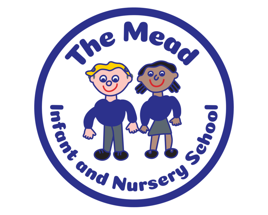 Logo for The Mead Infant and Nursery School with two cartoon children holding hands inside a circular border.