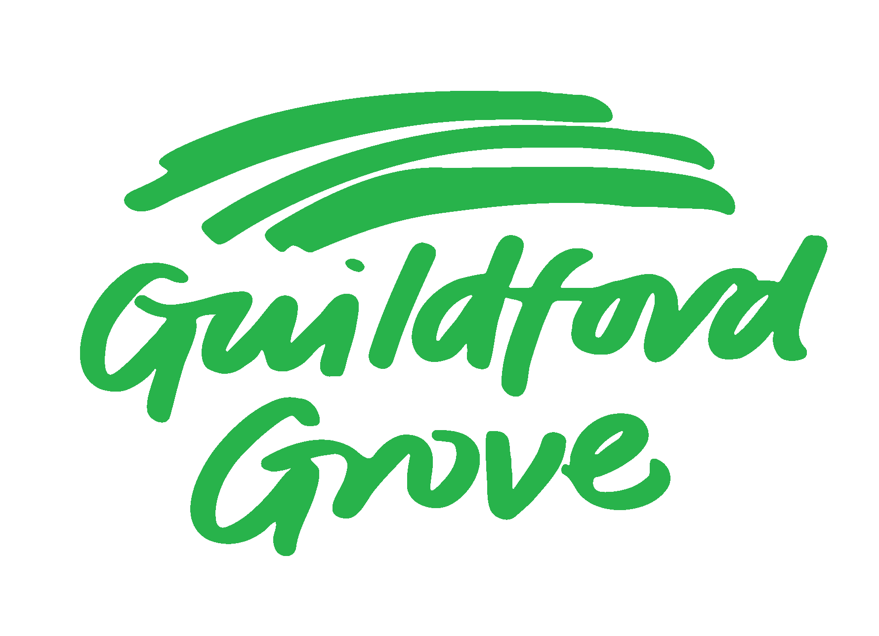 Green and black logo with the words "Guilford Grove" in cursive font and a stylized green hillside above.