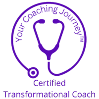 Certified Transformational Coach Your Coaching Journey logo with purple stethoscope forming a heart shape, surrounded by the text 'Your Coaching Journey' and 'Certified Transformational Coach'