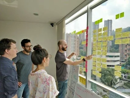 A group of five people in a meeting room, discussing a large glass window covered with colorful sticky notes and charts, with city buildings visible outside.