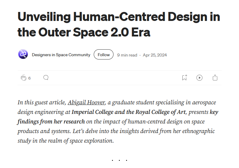 Screenshot of an article titled "Unveiling Human-Centred Design in the Outer Space 2.0 Era" from a space design community website, featuring the author's name Abigail Hoover, a graduate student specializing in aerospace design engineering.