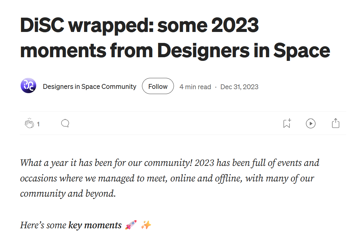Title of article: "DiSC wrapped: some 2023 moments from Designers in Space" with the date December 31, 2023, and a brief paragraph mentioning significant events and moments of the year 2023 for the community.
