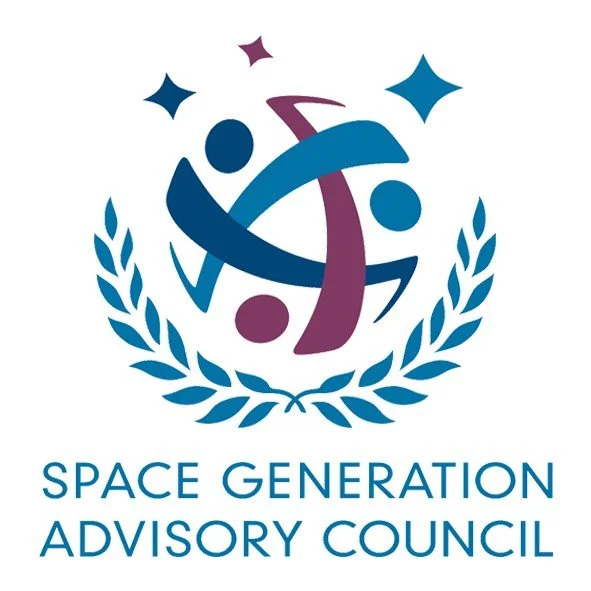 Logo for Space Generation Advisory Council featuring stylized human figures and stars surrounded by a laurel wreath with text underneath