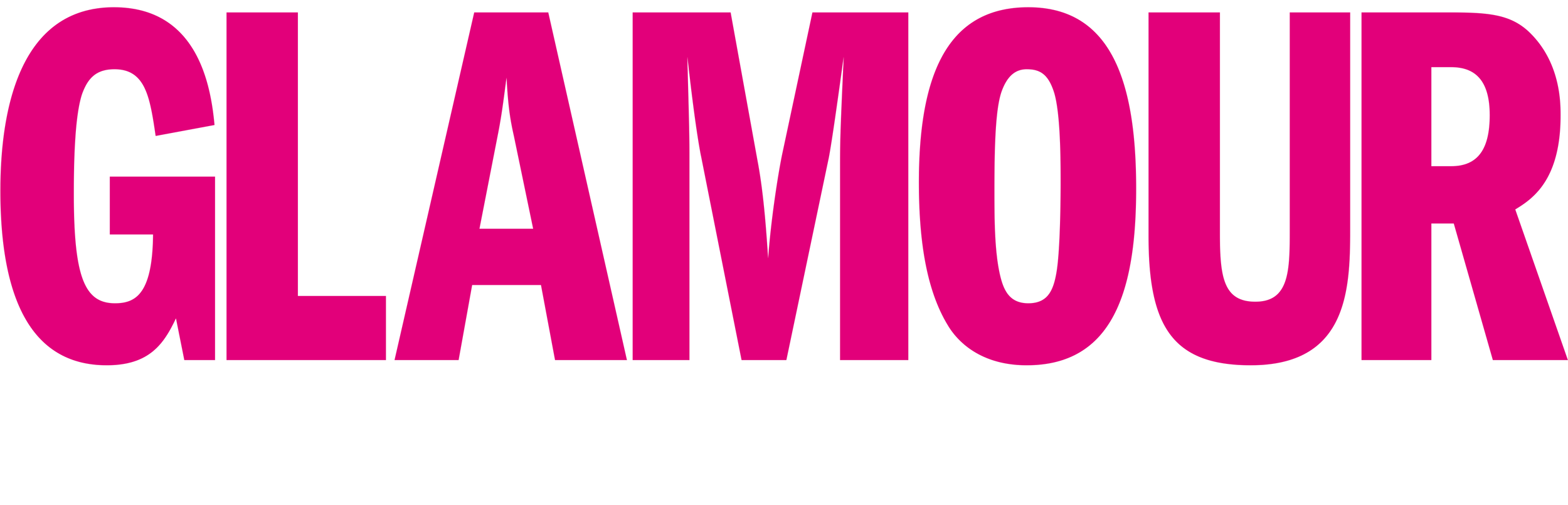 The word "GLAMOUR" written in large, bold pink letters on a white background.