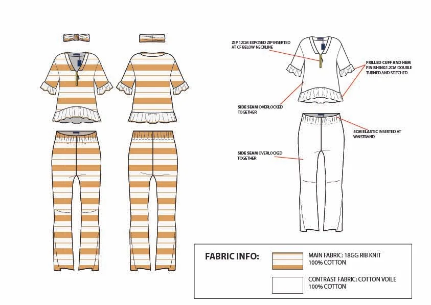 Technical sewing pattern for a two-piece pajama set with a striped design, including a top with a zipper neckline, frilled cuffs and hem, and half-split sleeves; and matching striped pants with side seams overlocked.