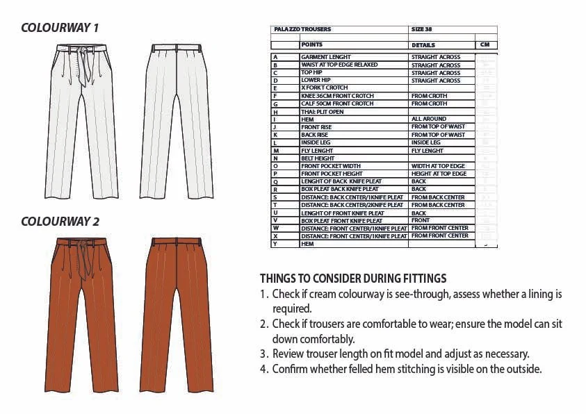 Technical drawing and specifications of two styles of trousers, including measurements and details about fit and design features.