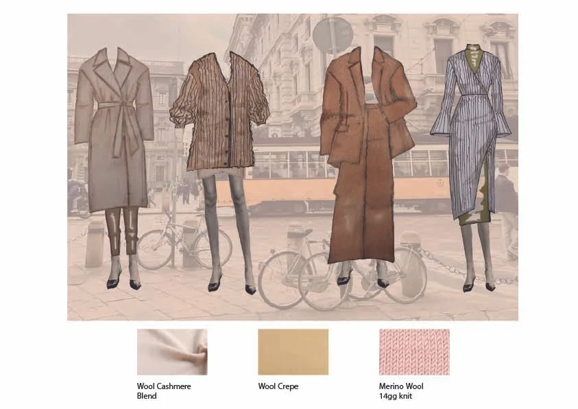 Four mannequins display different women's clothing in front of an outdoor city scene with bicycles. The outfits include a beige trench coat, a striped brown and beige oversized jacket, a brown coat, and a blue and white pinstripe dress with a slit.