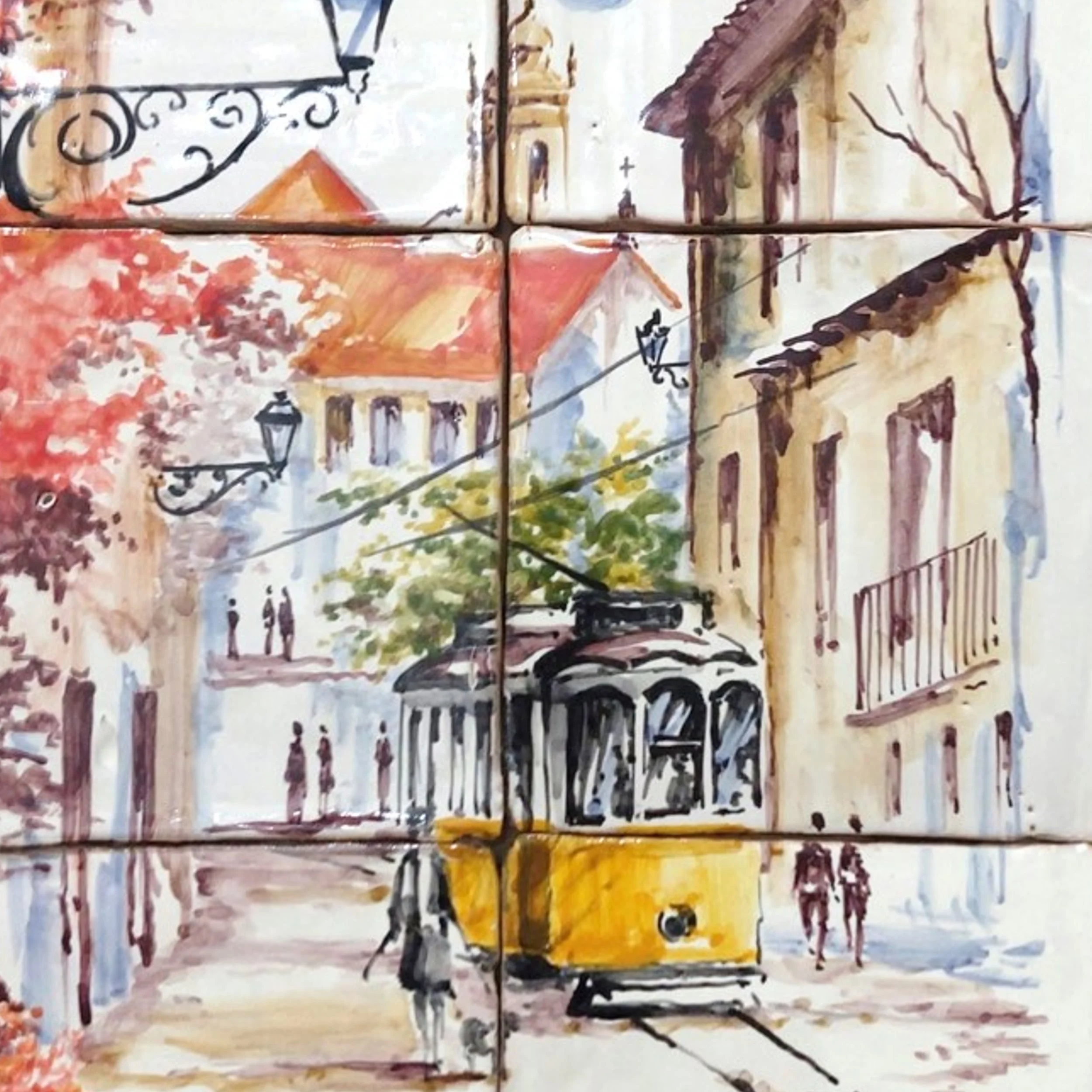 A watercolor painting of a street scene with a yellow tram, buildings, trees, and pedestrians.