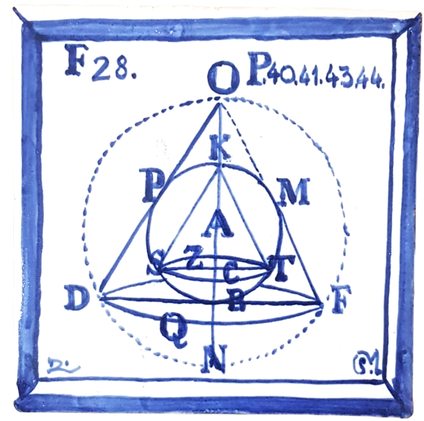 A geometric diagram with labels and points, drawn in blue ink on a white background, enclosed in a square border.