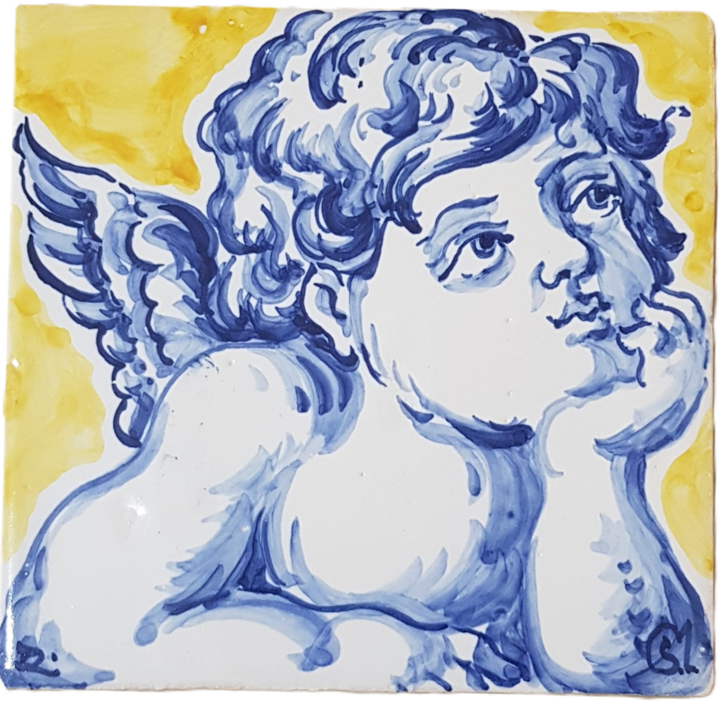 Painting of a blue and white cherub with curly hair and wings, set against a yellow background.