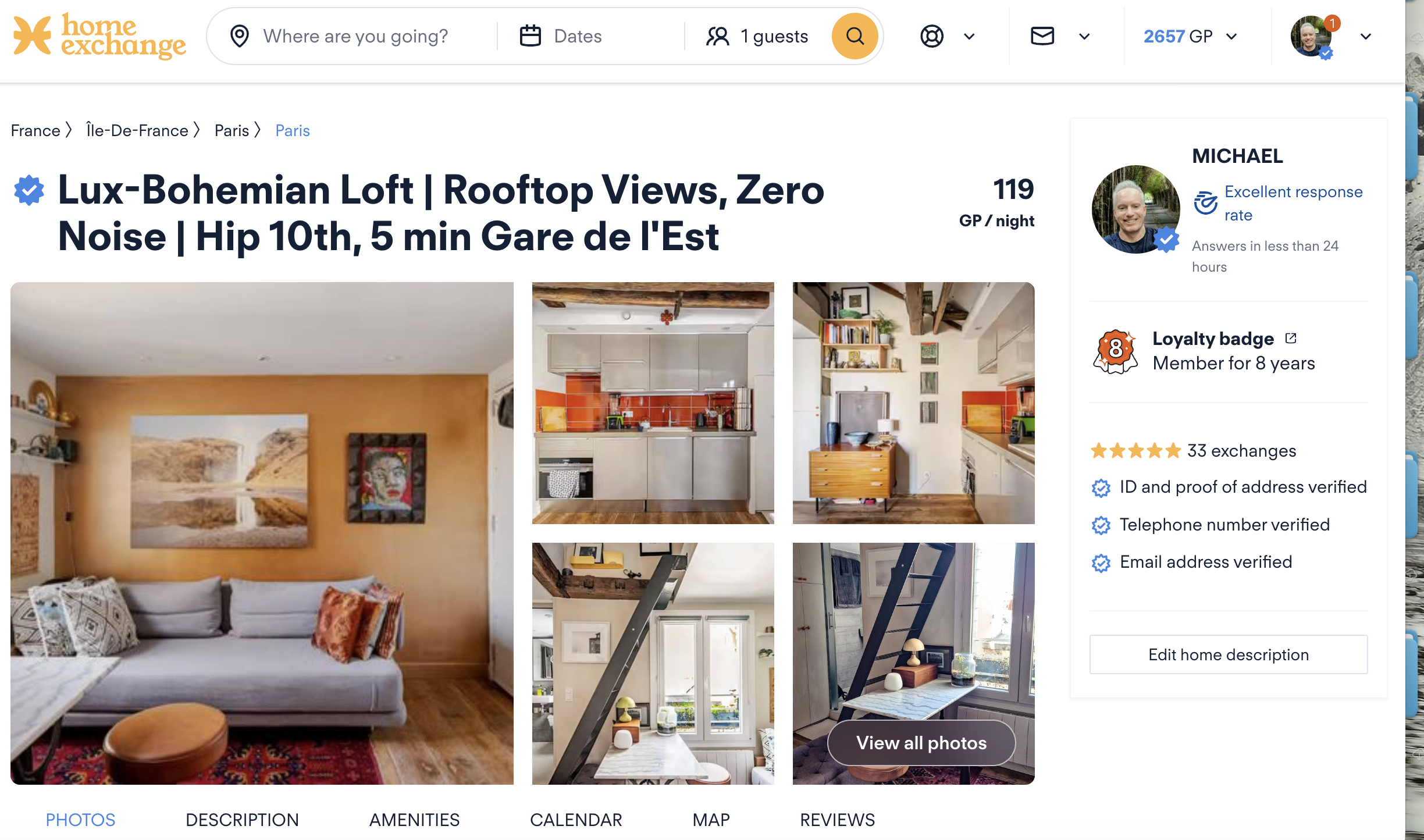 Home Exchange listing for The Zen Guy's Paris apartment — Lux-Bohemian Loft, 10th arrondissement, 5 minutes from Gare de l'Est