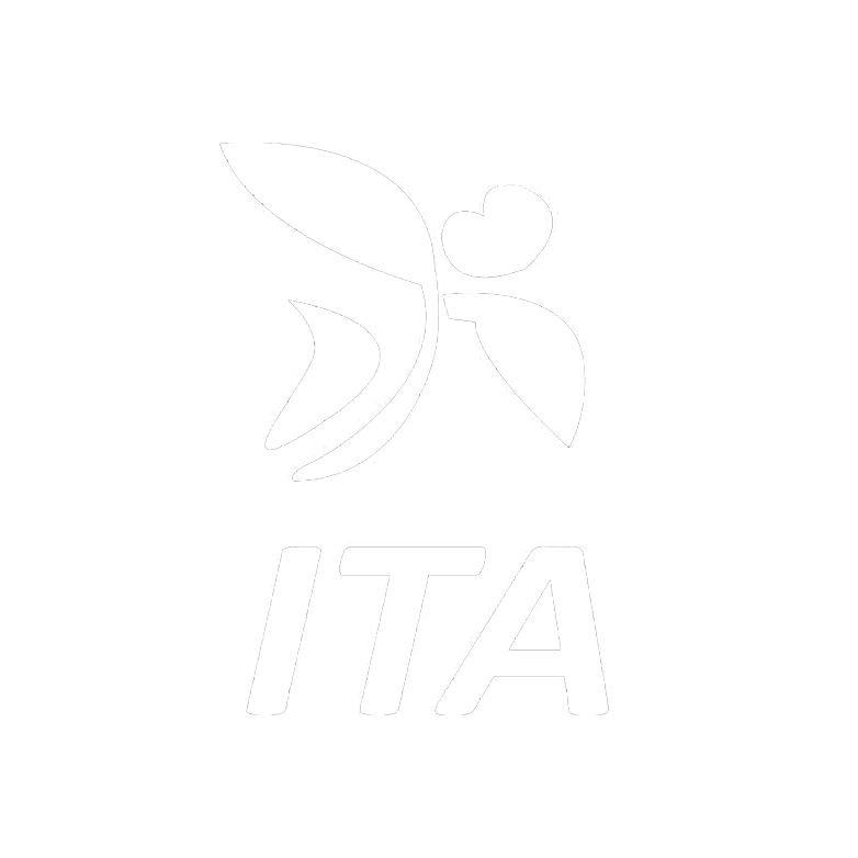 Weißes Logo eines Schmetterlings mit Herz in der Mitte auf schwarzem Hintergrund, darunter die Abkürzung 'ITA'.