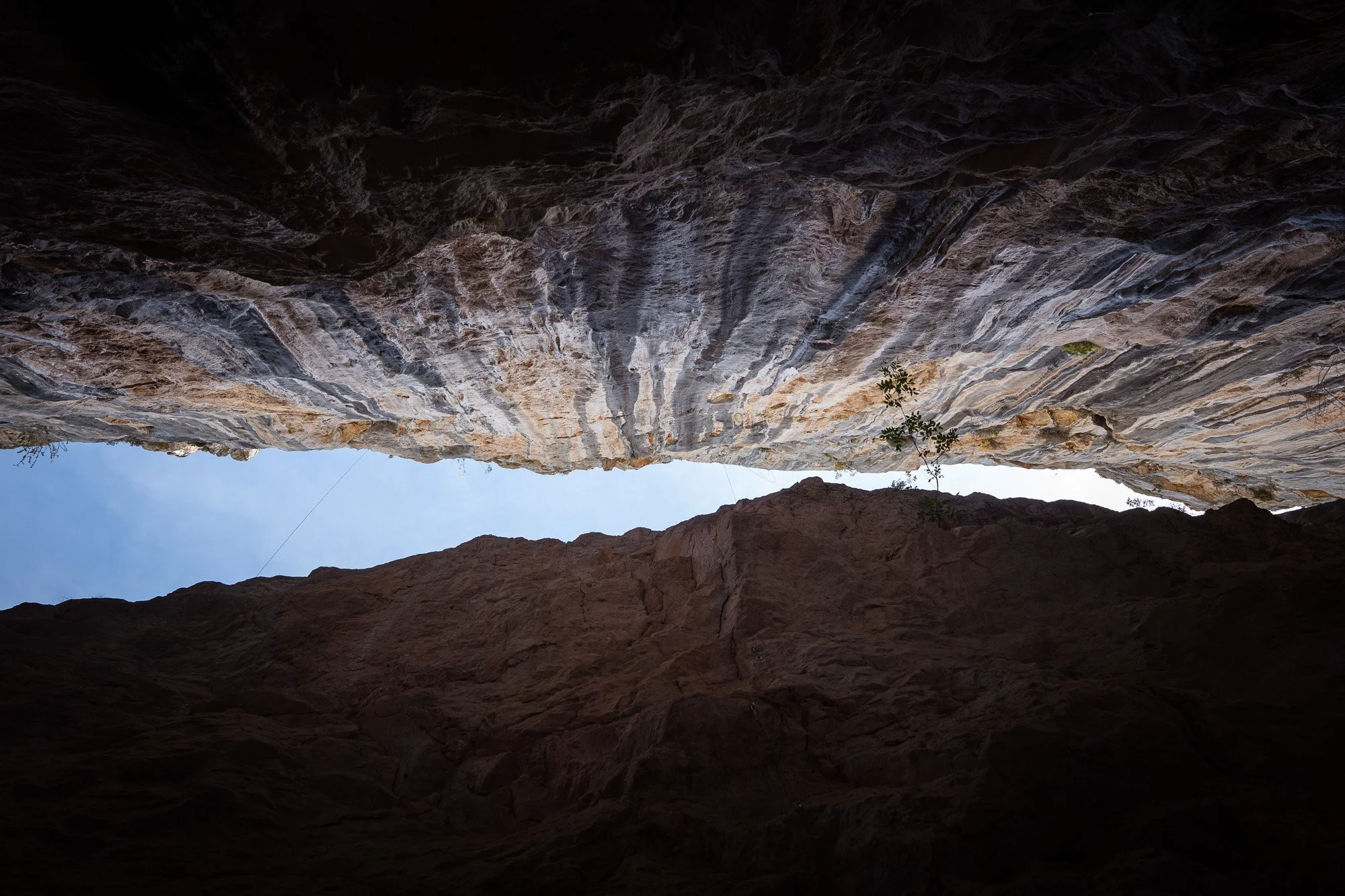 Blick von einer Höhle auf den Himmel, umgeben von zerklüfteten Felsen und einer kleinen Pflanze.