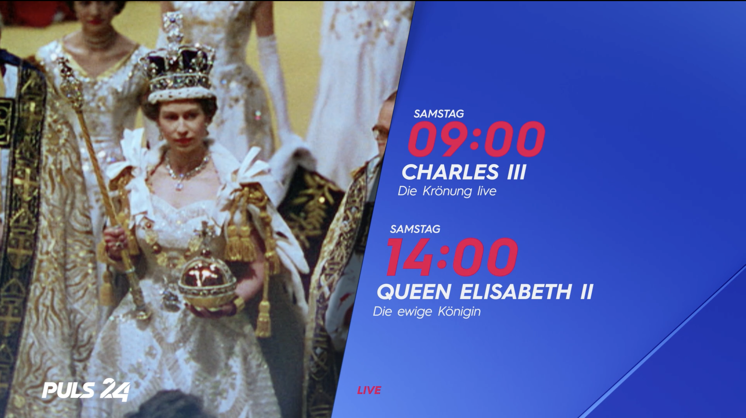 Ein Fernsehsender zeigt ein Programm mit einem Hintergrundbild der Queen Elizabeth II in einem prunkvollen Kleid und Krone, mit einem Zeitplan für eine Live-Sendung