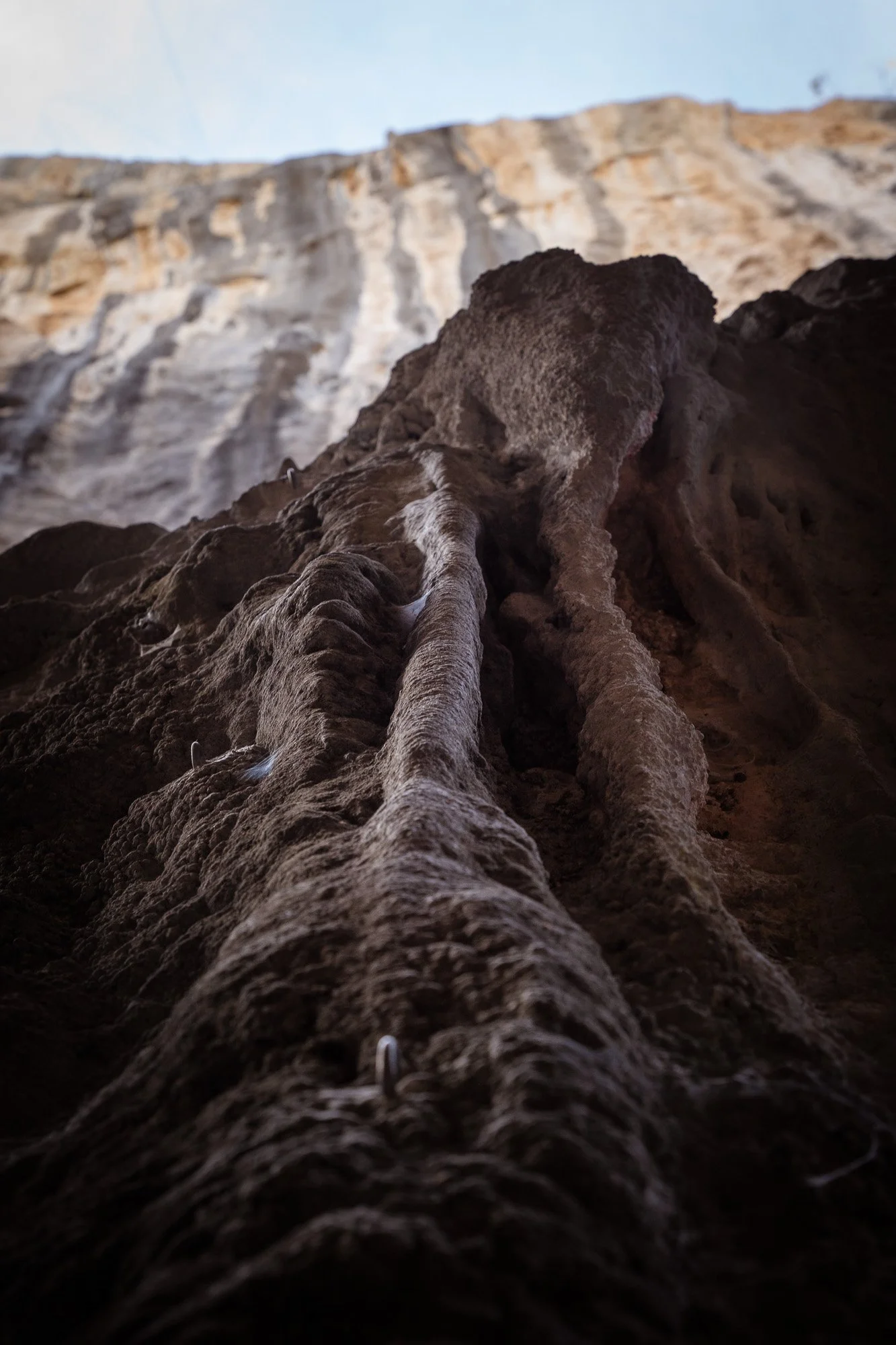 Aufnahme eines Felsens mit zotteliger Oberfläche und zurückgehendem Blick nach oben. Im Hintergrund sind steile Klippen und der Himmel sichtbar.