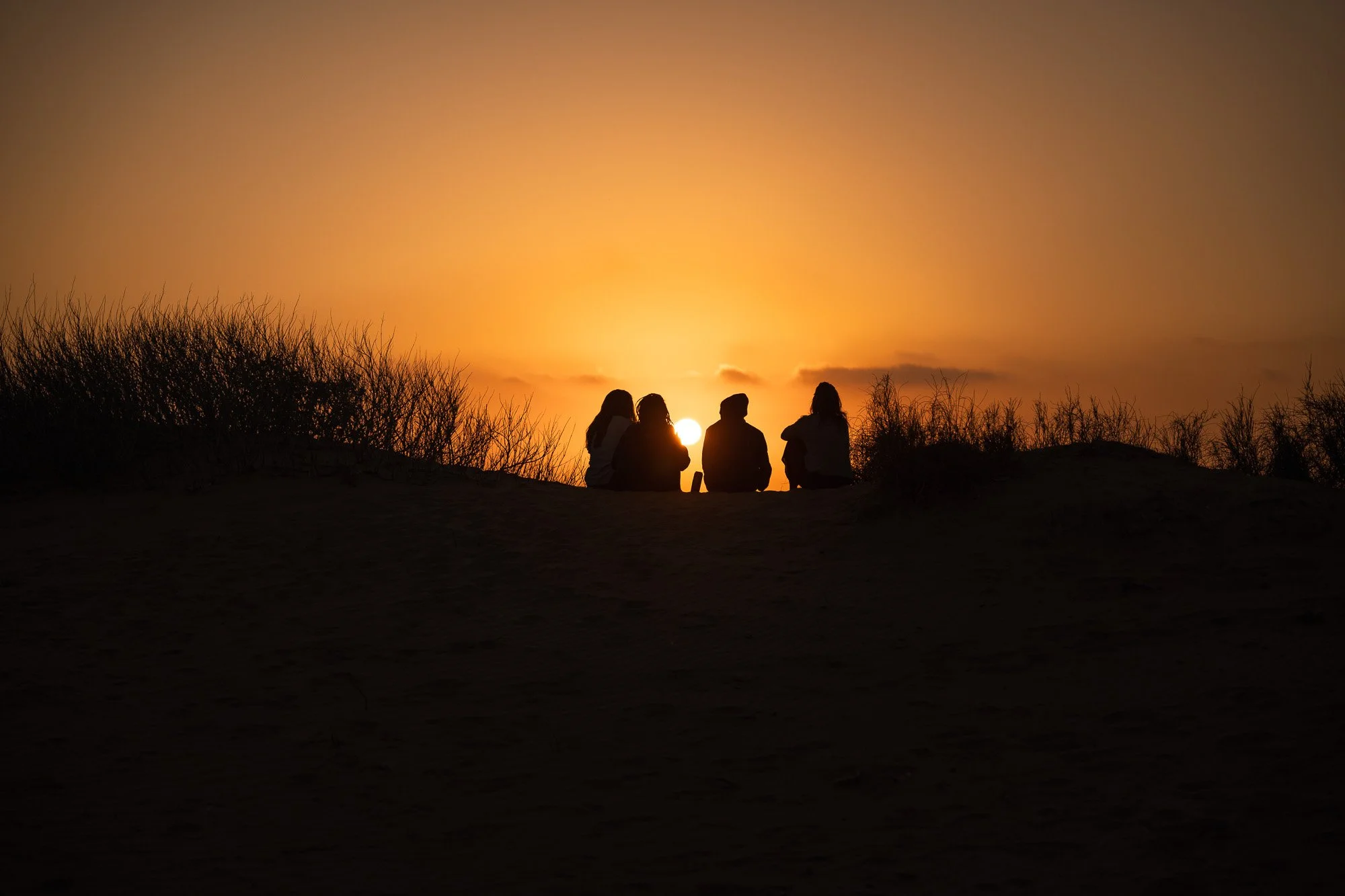 Vier Personen sitzen zusammen bei Sonnenuntergang auf einer Düne, umrissen von Büsche, in warmen Orangetönen des Himmels.