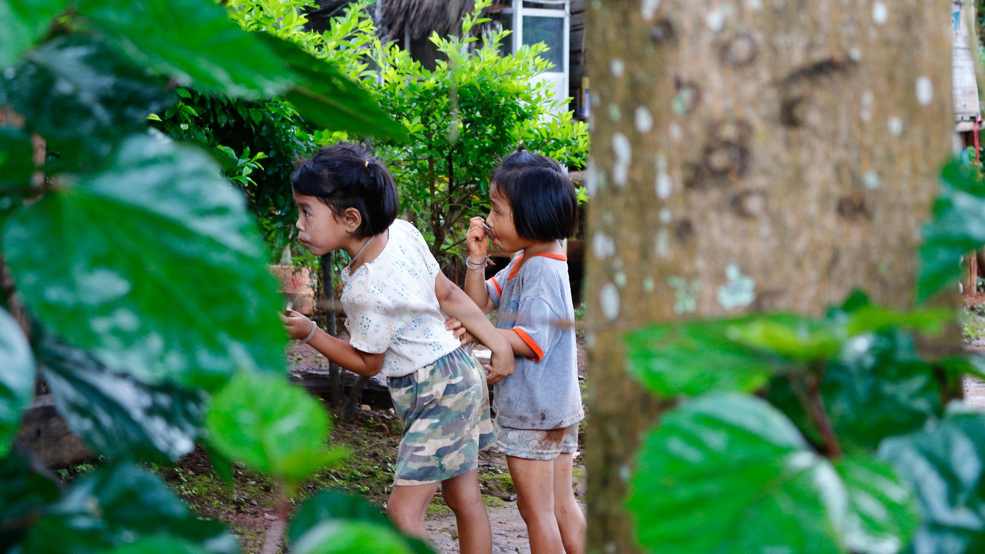 Zwei Kinder stehen im Garten, einer versteckt sich hinter einem Baumstamm, während der andere an seinem Ohr zieht. Beide tragen casual Kleidung und sind sichtbar in einer grünen Umgebung.