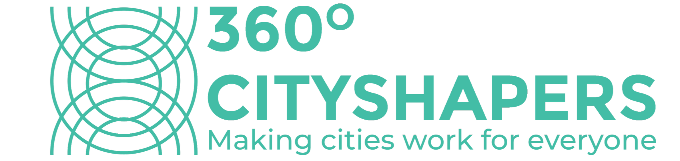 Logo for 360° Cityshapers with a circular grid design and the slogan 'Making cities work for everyone'.