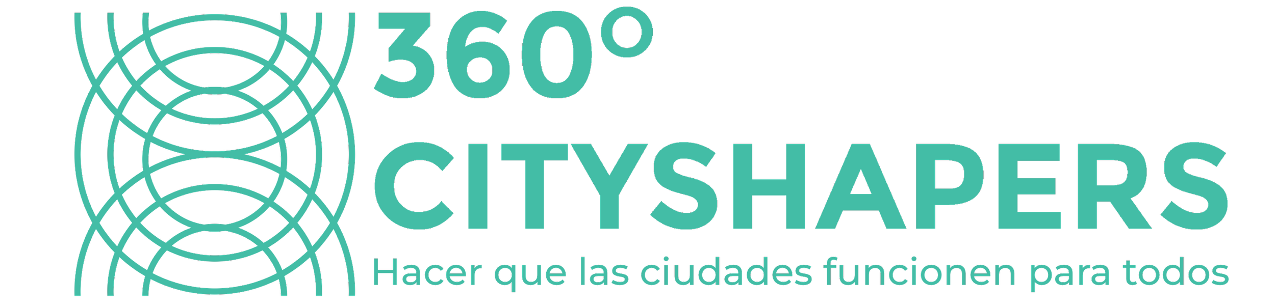 Logo for 360° Cityshapers with a graphic of concentric circles and the slogan in Spanish.