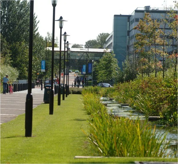 A paved walkway lined with black lampposts runs alongside a pond and green grass, leading towards a modern building in the background. People are walking along the path on a sunny day.