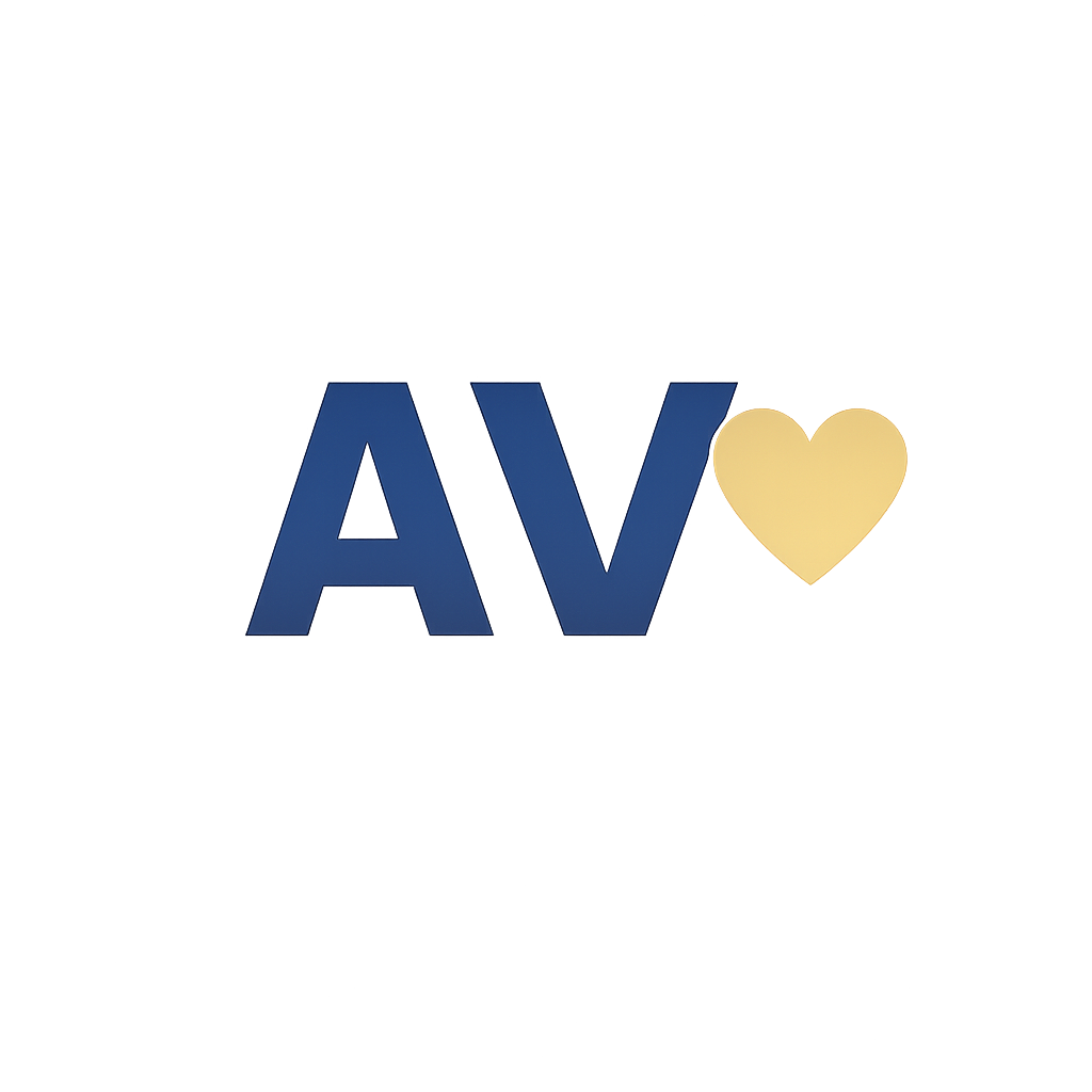 Logotipo con las letras 'AV' en color azul y un corazón amarillo iluminado al lado.