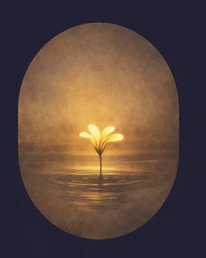 Flor blanca iluminada flotando en el agua con un fondo oscuro y luz suave detrás.